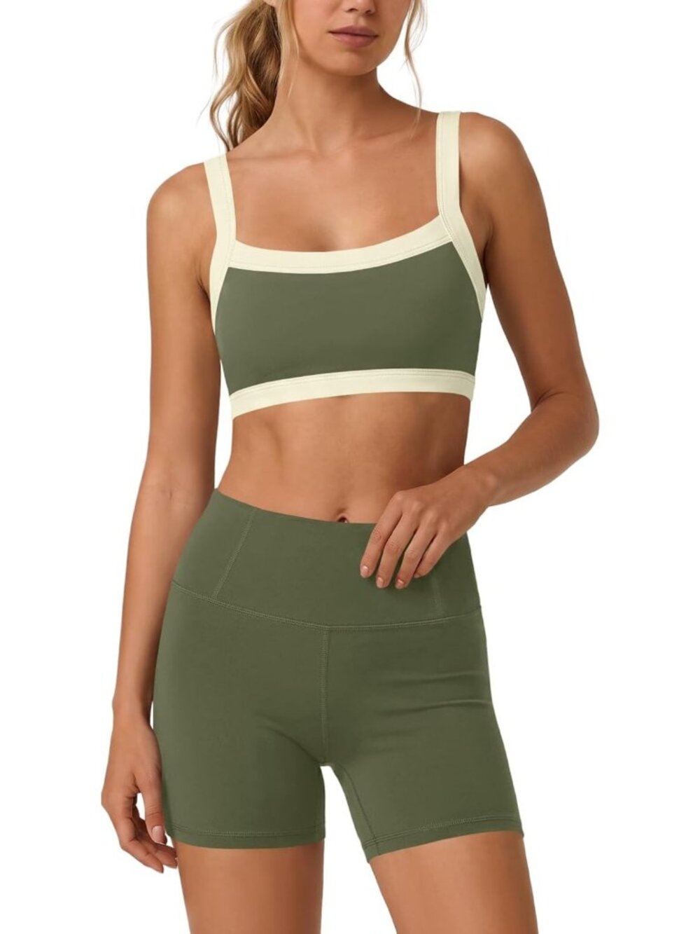 Color Block Padded Sports Bra & Biker Short Set for Women's Activewear